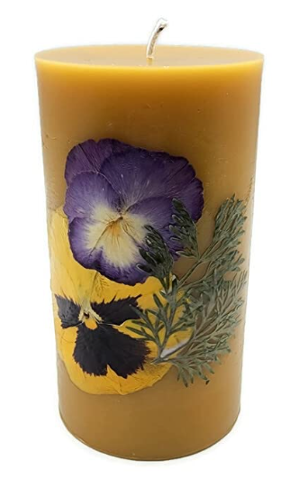 Set of Three Pure Beeswax Pillars Decorated with Pressed Flowers, 4, 6 and 9 Inches Tall. SAVE on the Set. - Image 4