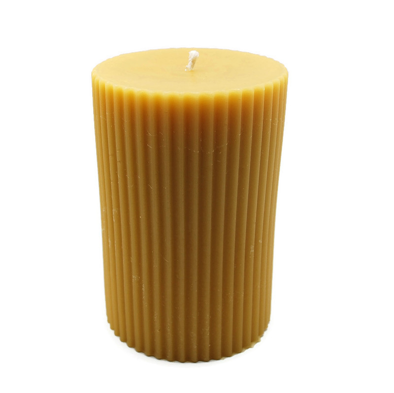 Beeswax Candle Fluted Pillar 4" X 6.25" Tall Natural Gold Color