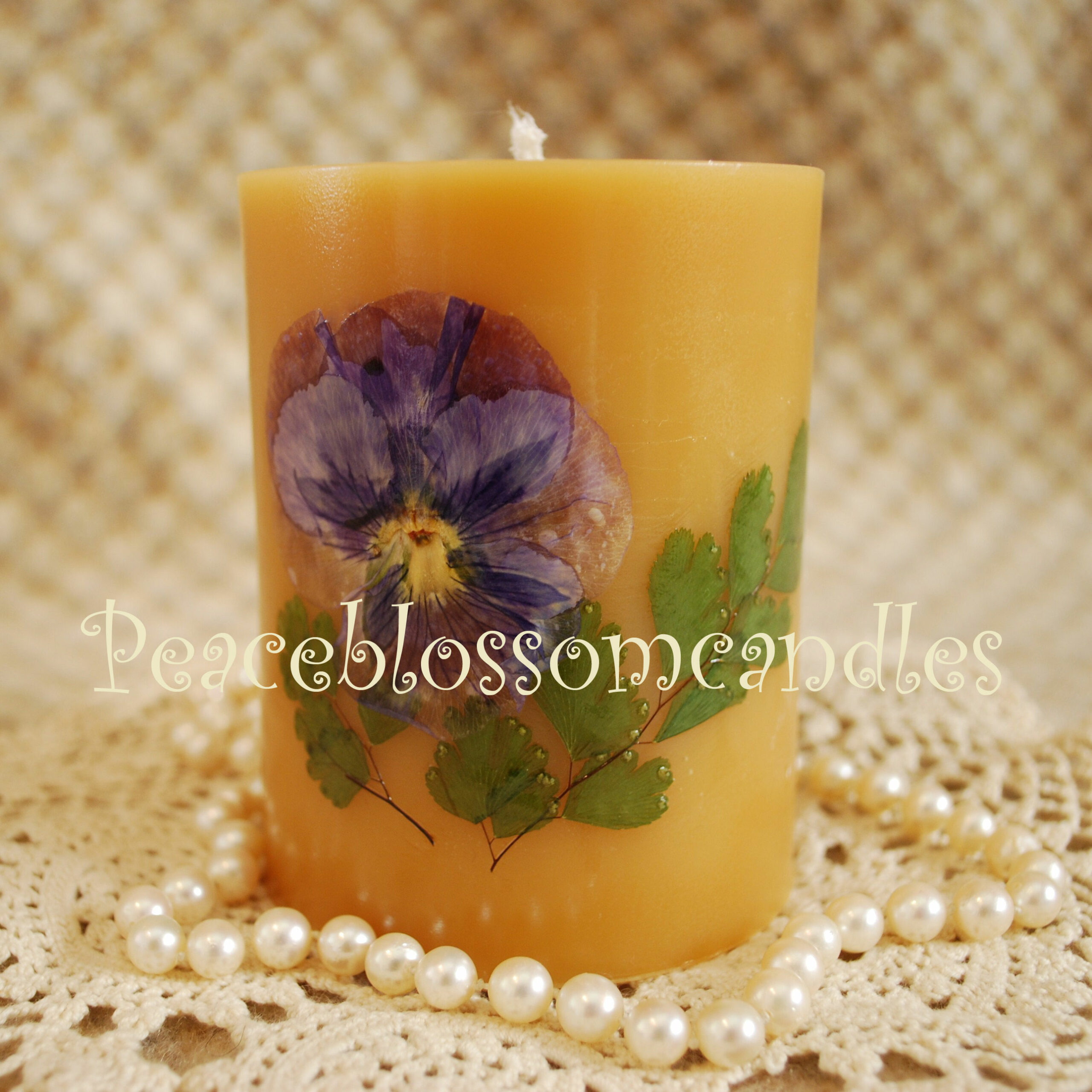 Set of Three Pure Beeswax Pillars Decorated with Pressed Flowers, 4, 6 and 9 Inches Tall. SAVE on the Set. - Image 3