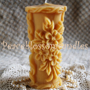 Beeswax Candle Pillar Raised Flower Design in Pure Oregon Beeswax