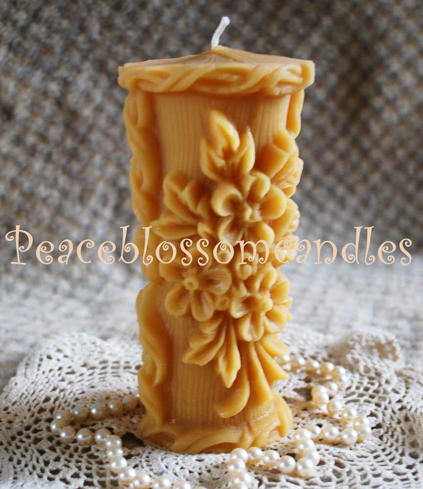 Beeswax Candle Pillar Raised Flower Design in Pure Oregon Beeswax