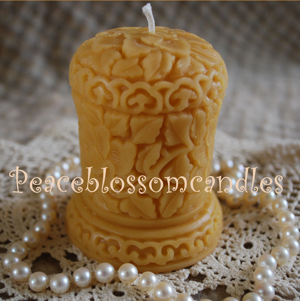 Beeswax Candle Round-Top Carved Oriental Pillar