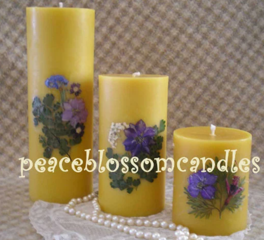 Set of Three Pure Beeswax Pillars Decorated with Pressed Flowers, 4, 6 and 9 Inches Tall. SAVE on the Set.